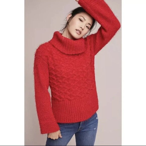 Anthropologie Sleeping On Snow Cowl Neck Eyelash Sweater Red Oversized Size L - Picture 1 of 12